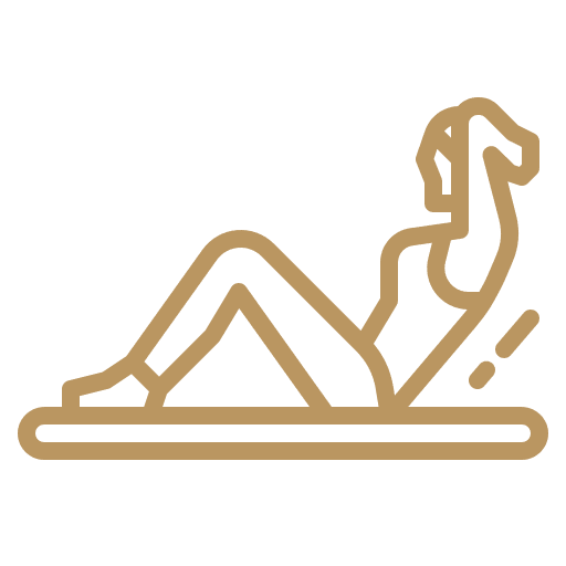 A gold line-art icon of a woman performing a sit-up or crunch exercise on a mat, on a transparent background.