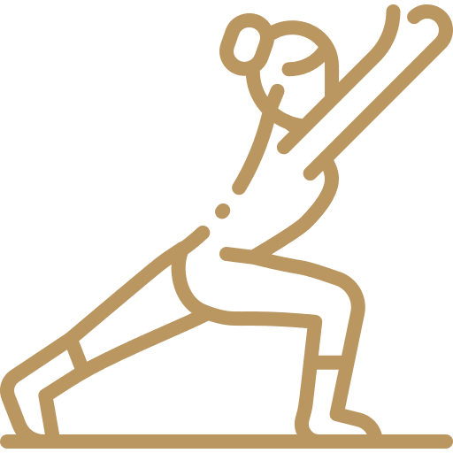 A gold line icon of a person performing a deep lunge or warrior yoga pose on a transparent background.